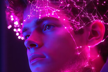Fototapeta premium Thought projection neural glow and mental projection person surrounded by neural sound waves symbolizing auditory focus and the brain’s sound response