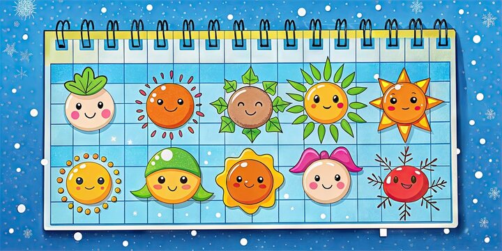 Colorful cartoon calendar featuring smiling icons of seasons, holidays, and months, set against a bright blue background with scribbled notes and playful doodles.