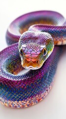 Colorful snake with iridescent scales coiled on a white background. Exotic wildlife and nature concept