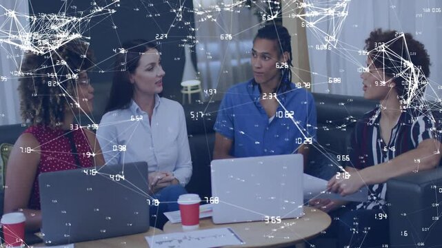Network of connections and data processing animation over diverse business people discussing - Powered by Adobe