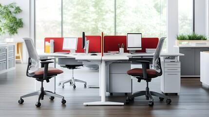 Modern Office Workspace with Two Desks and Red Dividers