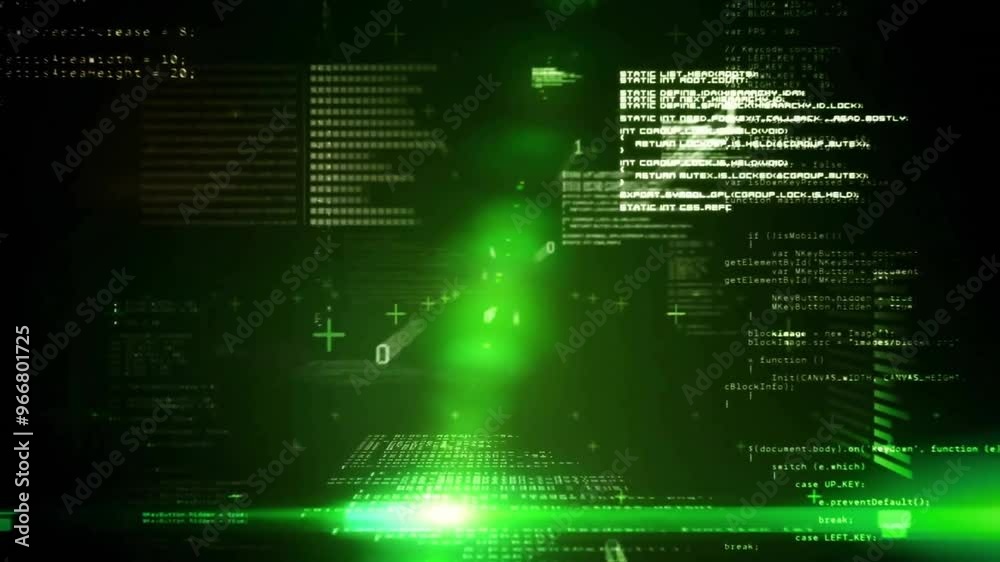 Poster green digital code and data processing animation over dark background
