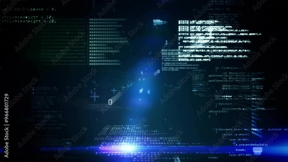 Poster computer code and data processing animation over digital interface background