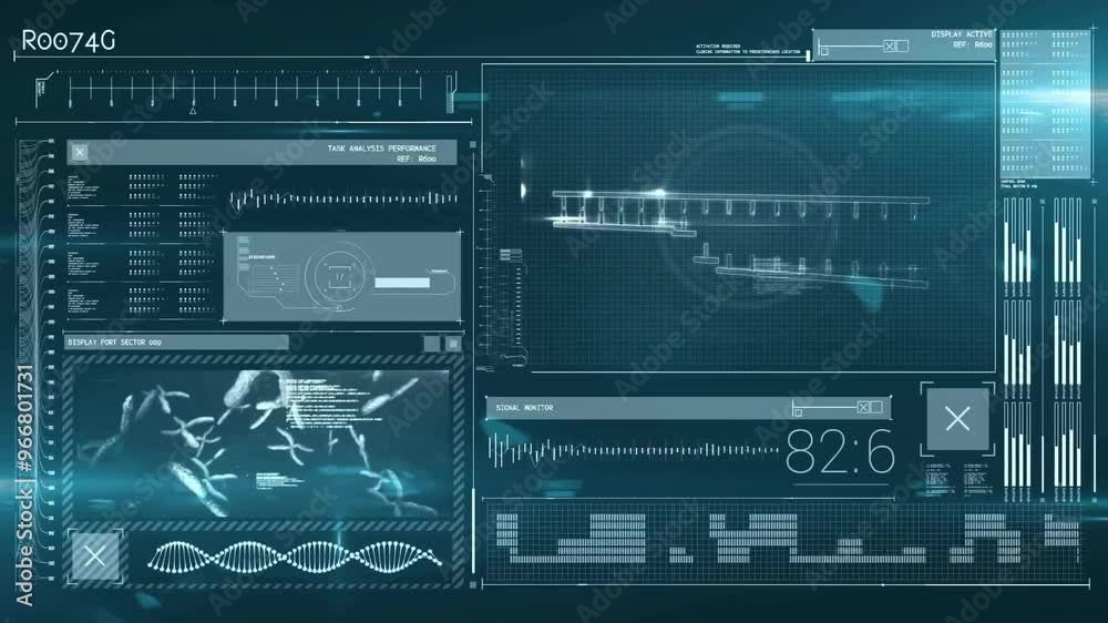 Poster DNA analysis and data visualization animation over scientific interface