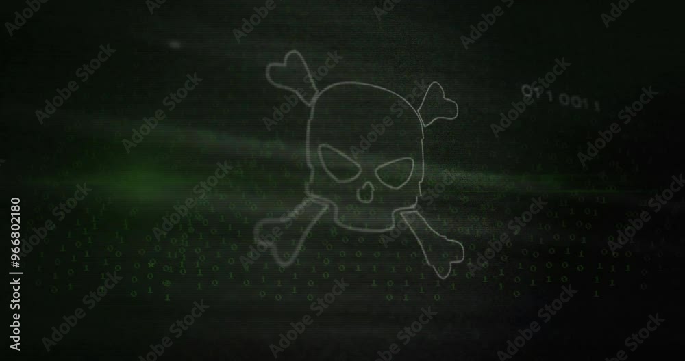 Poster Skull and crossbones animation over binary code and green digital background