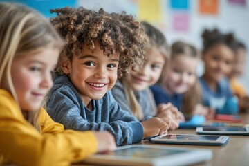 A cheerful group of elementary students playing educational games on tablets in a classroom, showing the integration of technology in education