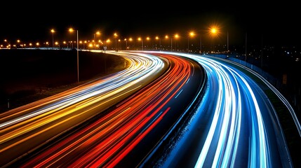 Dynamic night highway with colorful light trails in long exposure, showcasing vibrant city life and energy.