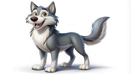 Obraz premium A friendly gray and white wolf stands tall, legs straight, and beams a broad, toothy smile, its eyes