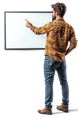Photo of a person standing and pointing at a whiteboard during a presentation, isolated on white background, no shadow