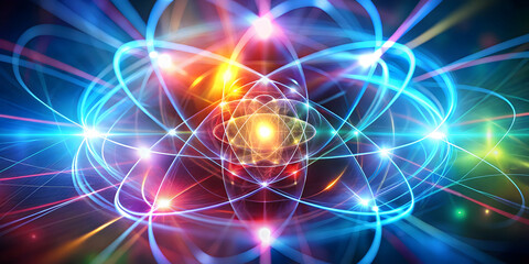 Atomic Energy: A mesmerizing abstract representation of an atom with colorful, luminous electrons orbiting a glowing nucleus. This captivating image evokes a sense of wonder and awe