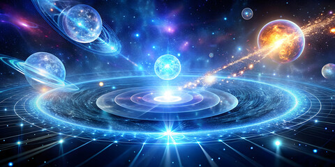 Cosmic Symphony: A mesmerizing abstract artwork depicting the intricate dance of celestial bodies in a vibrant nebula, with swirling energy and ethereal glows. The image evokes a sense of wonder and a