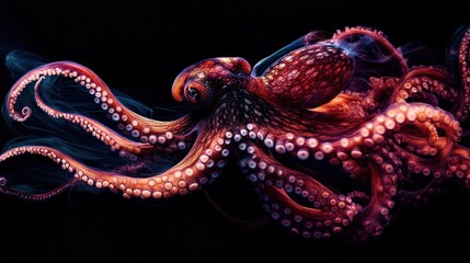 Obraz premium Red Octopus with Blue Smoke Swirls on Black Background