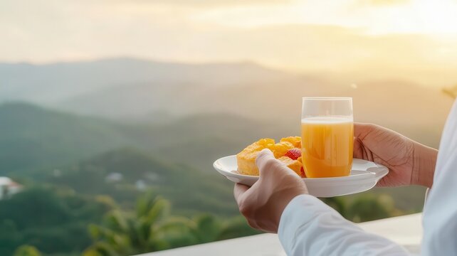 A person indulging in a luxurious stay at a 5-star hotel, enjoying room service and a scenic view, indulging in luxury hotel stay, high-end travel