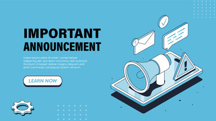 Isometric announcement poster. Loudspeaker and messages on smartphone screen. Notification of programs and applications, social networks and email. Landing page design. Linear vector illustration