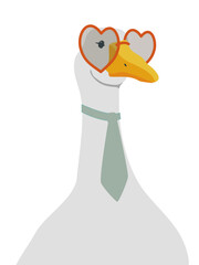 Cute goose with heart glasses. Bird in a tie. Flat vector illustration, eps 10