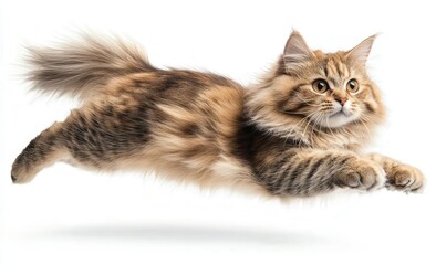 Obraz premium Photo of a cat, floating in mid-air on isolated white background, no shadow, high resolution photo with rich details and sharp focus