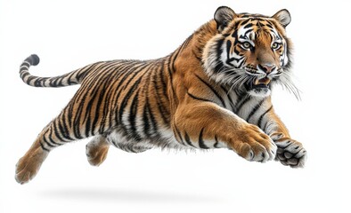 Obraz premium Photo of a tiger, floating in mid-air on isolated white background, no shadow, high resolution photo with rich details and sharp focus