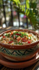 Fresh Dip with Tomatoes and Herbs in Clay Bowl.