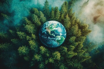 Save the planet. Aerial view of coniferous forest and planet Earth, double exposure , ai