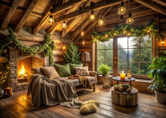 Cozy cabin interior featuring rustic wooden beams, plush throw blankets, and vintage decor, surrounded by lush greenery and warm golden lighting.
