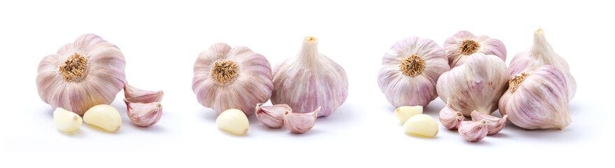 Garlic with cloves collection isolated on white background.