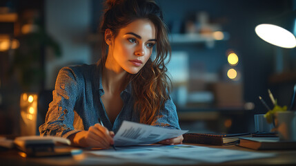 Fototapeta premium A woman is sitting at a desk with a book and a piece of paper in front of her