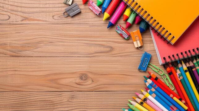 creative layout of school supplies, including crayons, paper clips, and notepads, all organized on a wooden surface with clean lines, with ample copy space for text