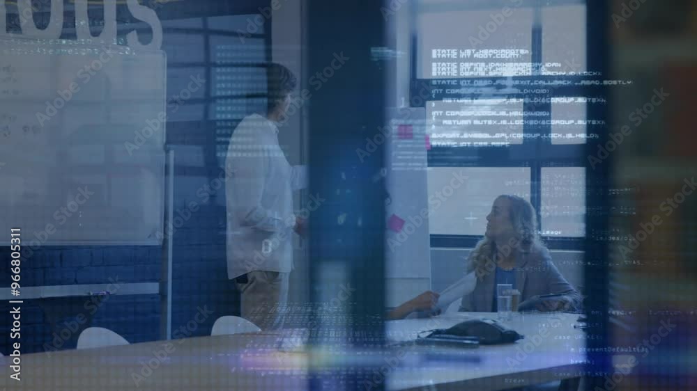 Poster presenting data to colleagues in office, digital code processing over animation