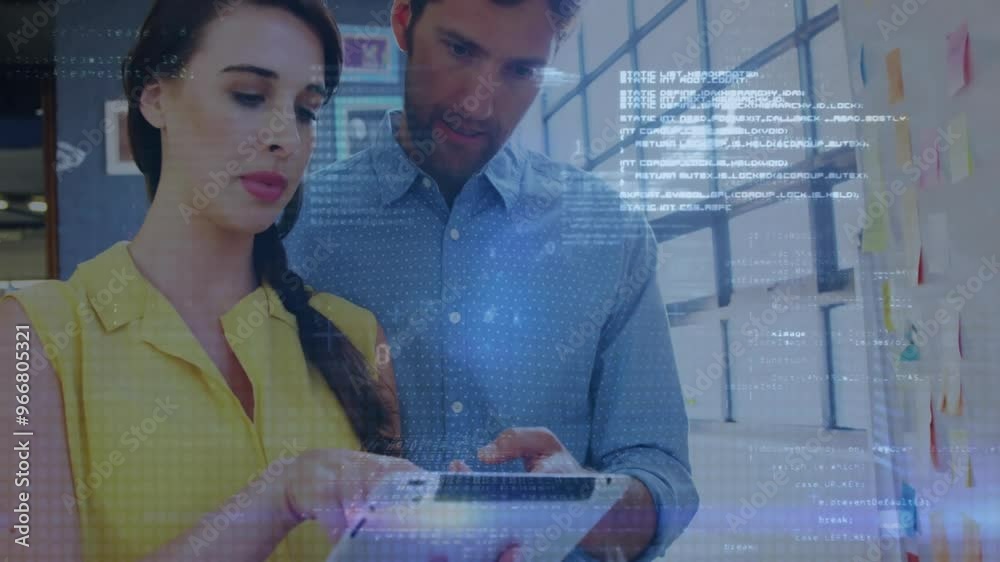 Poster programming code animation over business people using tablet in office