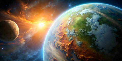 Obraz premium Planetary Dichotomy: Earth's Fiery Demise and Hopeful Rebirth - A vivid illustration contrasting a fiery, apocalyptic Earth with its vibrant counterpart, symbolizing destruction and renewal. 