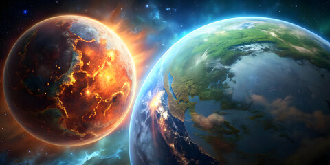 Planetary Dichotomy: Earth's Fiery Demise and Hopeful Rebirth - A vivid illustration contrasting a fiery, apocalyptic Earth with its vibrant counterpart, symbolizing destruction and renewal. 