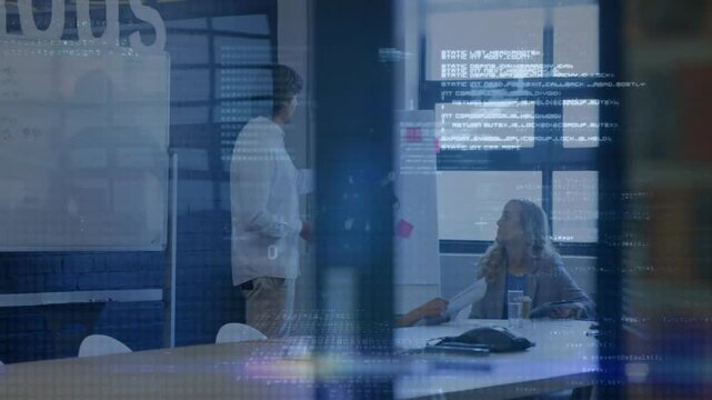 Presenting data to colleagues in office, digital code processing over animation - Powered by Adobe