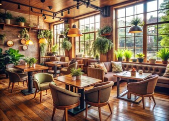 Fototapeta premium Cozy morning ambiance fills a modern cafe interior, with rustic wooden tables, plush armchairs, and vintage decorations bathed in warm natural light and soft shadows.