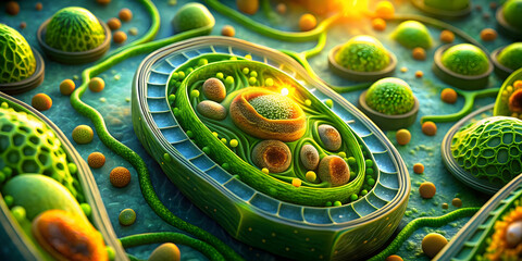 Cellular Sunrise: A vibrant microscopic view of plant cells bathed in the golden glow of dawn, showcasing the intricate beauty and energy of life. 