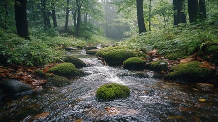 Obraz premium A Tranquil Stream Flowing Through a Lush Forest