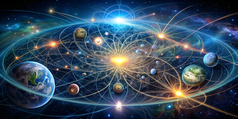 Fototapeta premium Cosmic Ballet: A symphony of celestial bodies waltz through the cosmos, their interconnectedness illuminated by swirling nebulae and the radiant glow of a central sun. 