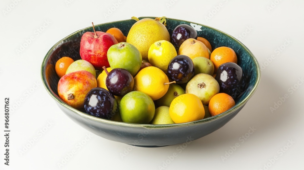 Sticker a bowl filled with assorted fruits, including apples, pears, plums, lemons, and oranges.