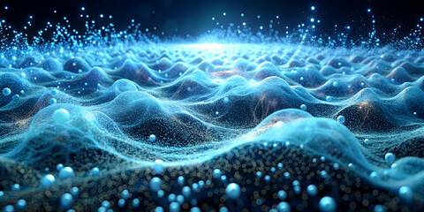 Abstract Cosmic Landscape: A mesmerizing digital artwork depicting a vibrant blue and gold cosmic landscape with swirling energy, glowing orbs, and a radiant light source