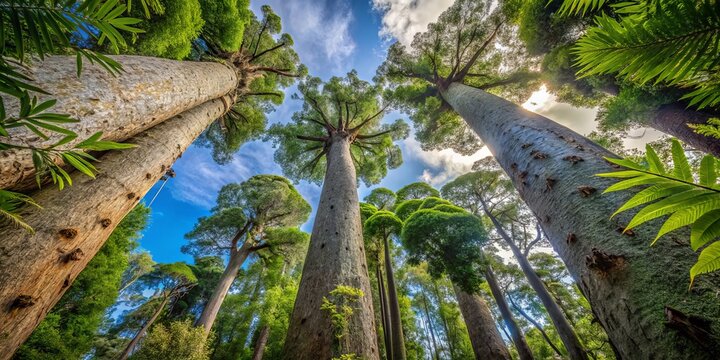 Ancient kauri trees loom tall in a soft diffused light, their gnarled branches stretching towards the sky in
