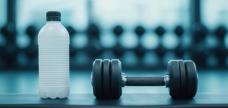 A closeup of dumbbells and a water bottle on a gym bench, symbolizing the essentials of a fitnessoriented lifestyle, gym equipment, fitness essentials