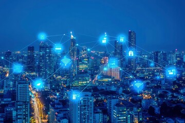 Modern city and wireless communication network concept. Smart city. Digital transformation. Vertical visual for advertisements and banners, ai