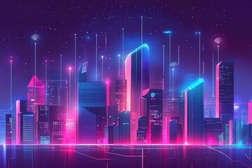 Fototapeta premium Modern city and wireless communication network concept. Smart city. Digital transformation. Vertical visual for advertisements and banners, ai