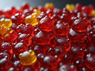 Lots of red gummy bears with small grains of gummy bears flowing in a red liquid