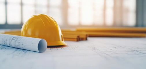 Blueprint laid on a table with construction materials, building plan in progress, 3D illustration