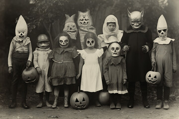 Vintage faded old style daguerreotype image of eerie children in costumes trick or treating for Halloween