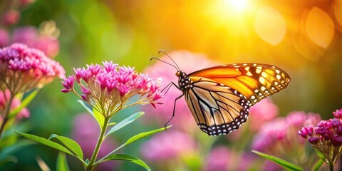 Obraz premium Delicate monarch butterfly perched on vibrant pink flower petals, softly focused with blurred green foliage and warm sunlight filtering through in the serene background.