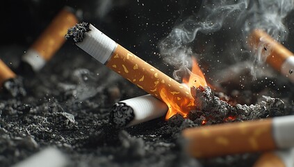 A pile of cigarettes with white filters and brown bodies, burning in an ashtray filled to the brim with ashes