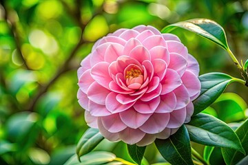 Delicate pink Camellia japonica flower with ruffled petals and yellow center, surrounded by lush green leaves, against a soft, natural outdoor background.