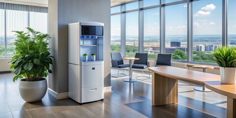 A sleek, stainless steel water cooler stands tall on a wooden floor, surrounded by tidy office desks and