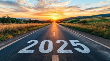 In the middle of an empty asphalt road, there is a huge number "2025" written on it in white paint, with a beautiful sky at sunset in the summertime